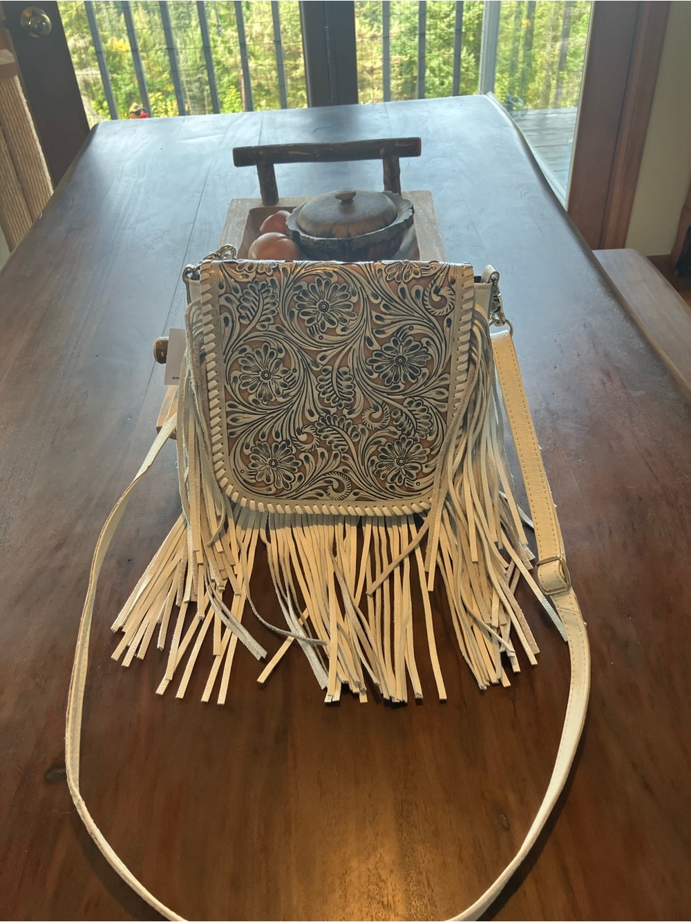Cream Floral Tooled Fringe Crossbody Bag